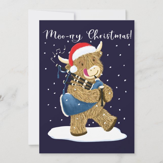 Scottish Highland Cow Plays Christmas Bagpipes Holiday Card (Front)