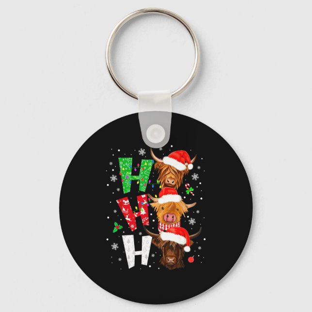 Scottish Highland Cow Print Ho Ho Ho Christmas Paj Keychain (Front)