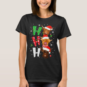 Scottish Highland Cow Print Ho Ho Ho Christmas Paj T-Shirt