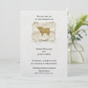 Scottish Highland Cow Rustic Linen Wedding Invitation