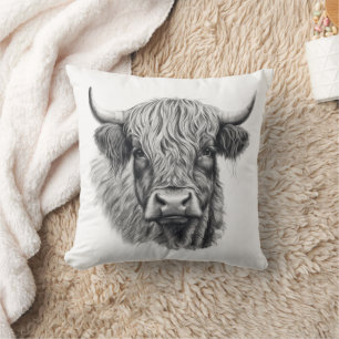 Scottish Highland Cow Sketch Graphic Art  Throw Pillow