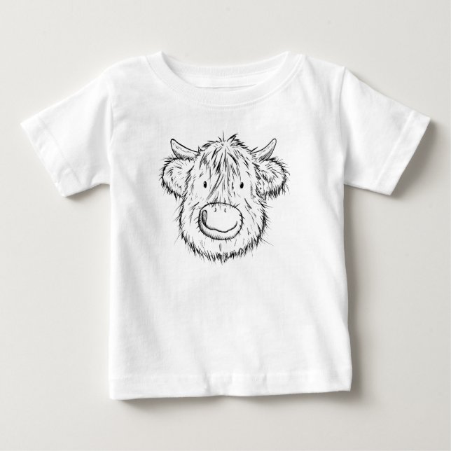 Scottish Highland Cow Sketch Portrait Baby T-Shirt (Front)