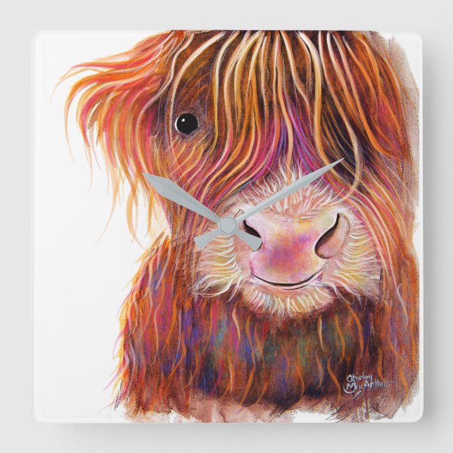 SCoTTiSH HigHLaND CoW ' THe KiD 2 ' by SHiRLeY Mac Square Wall Clock (Front)