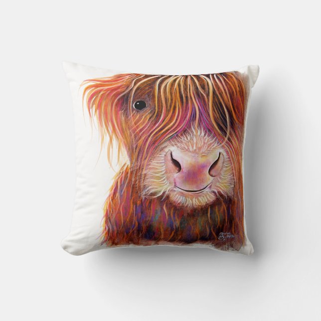 SCoTTiSH HigHLaND CoW ' THe KiD 2 ' by SHiRLeY Mac Throw Pillow (Front)
