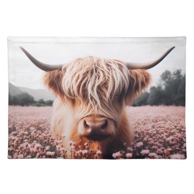 Scottish Highland Cow Wildflower Field Cloth Placemat (Front)