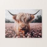 Scottish Highland Cow Wildflower Field Jigsaw Puzzle<br><div class="desc">A cute highland cow standing in a field of blush pink flowers.</div>