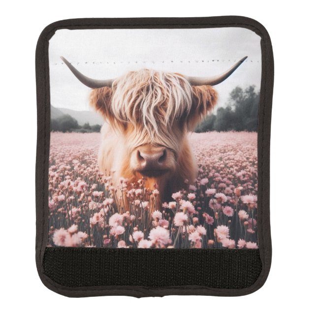 Scottish Highland Cow Wildflower Field Luggage Handle Wrap (Front)