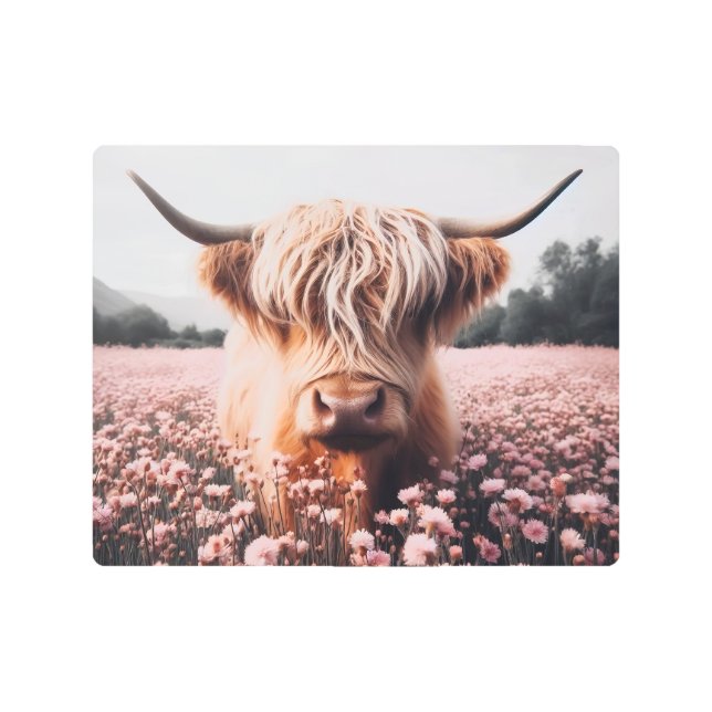 Scottish Highland Cow Wildflower Field Metal Print (Front)