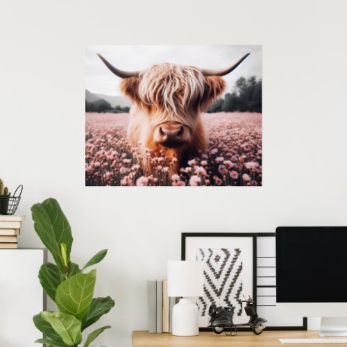 Scottish Highland Cow Wildflower Field Poster