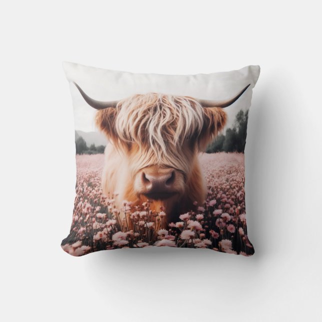 Scottish Highland Cow Wildflower Field Throw Pillow (Front)
