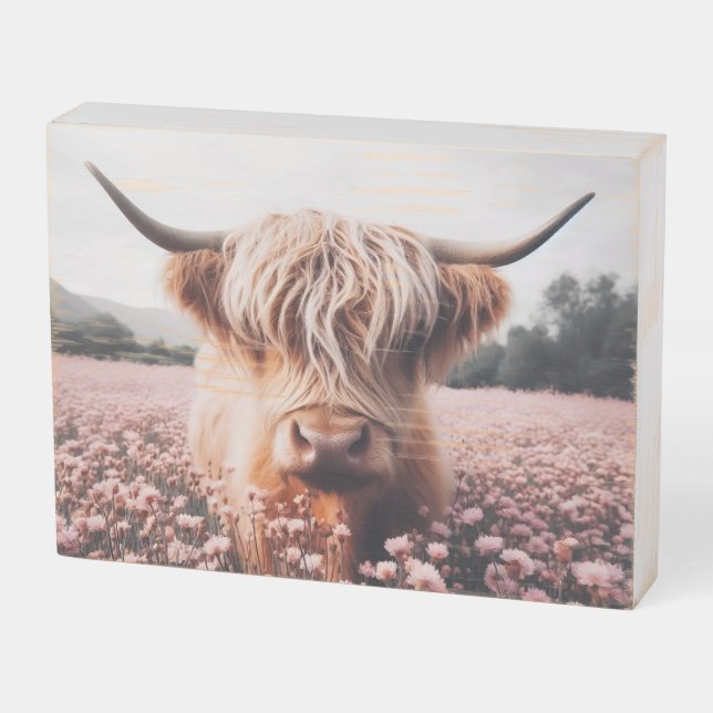 Scottish Highland Cow Wildflower Field Wooden Box Sign (Angled Horizontal)