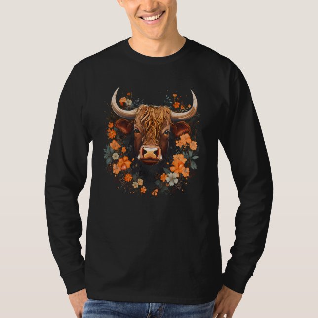 Scottish Highland Cow With Flowers Cattle Foral Ha T-Shirt (Front)