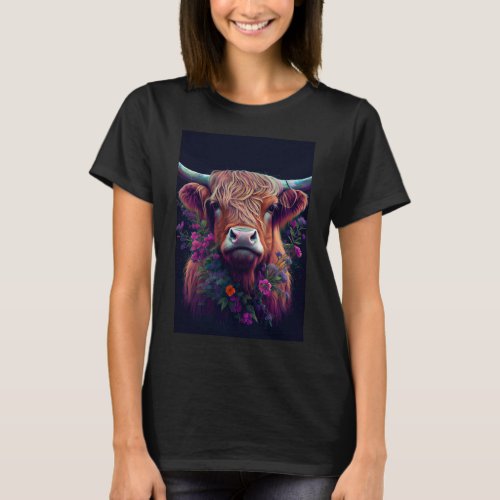 Scottish Highland Cow with flowers T_Shirt