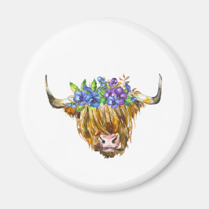 Scottish Highland Cow with Flowers Watercolor Magnet
