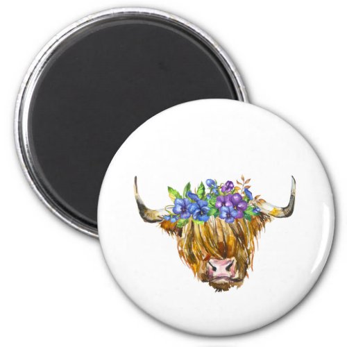 Scottish Highland Cow with Flowers Watercolor  Magnet