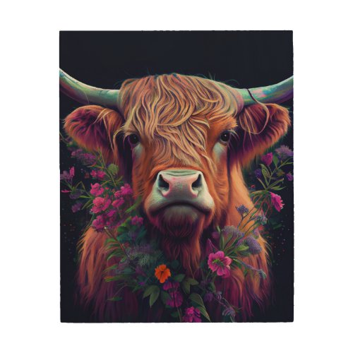 Scottish Highland Cow with flowers Wood Wall Art
