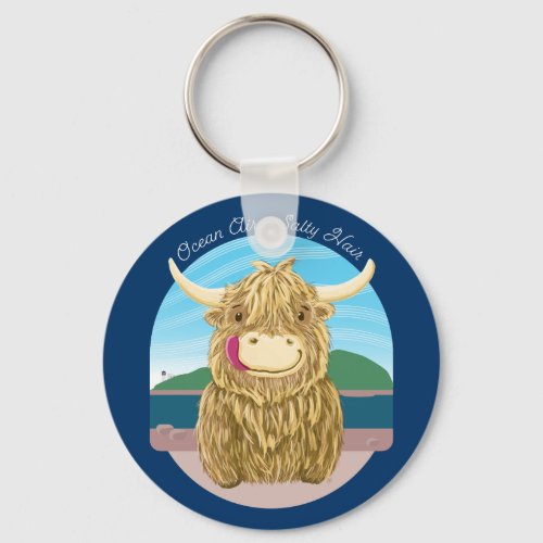 Scottish Highland Cow With Ocean Salty Hair Keychain