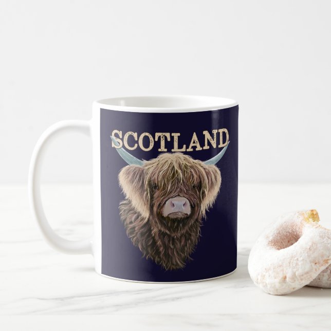 Scottish Highland Cow With Scotland Slogan Coffee Mug (With Donut)