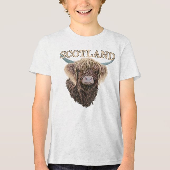 Scottish Highland Cow With Scotland Slogan Tri-Blend Shirt (Front)