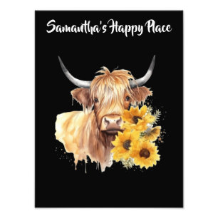 Scottish Highland Cow with Sunflowers. Editable Photo Print