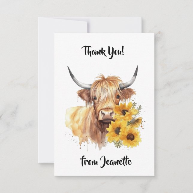 Scottish Highland Cow with Sunflowers. Editable Thank You Card (Front)