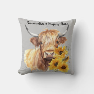 Scottish Highland Cow with Sunflowers. Editable Throw Pillow