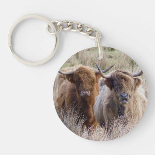 Scottish Highland Cows in the grass Keychain