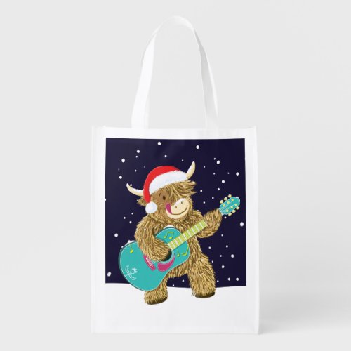 Scottish Highland Cows Plays A Christmas Guitar  Grocery Bag