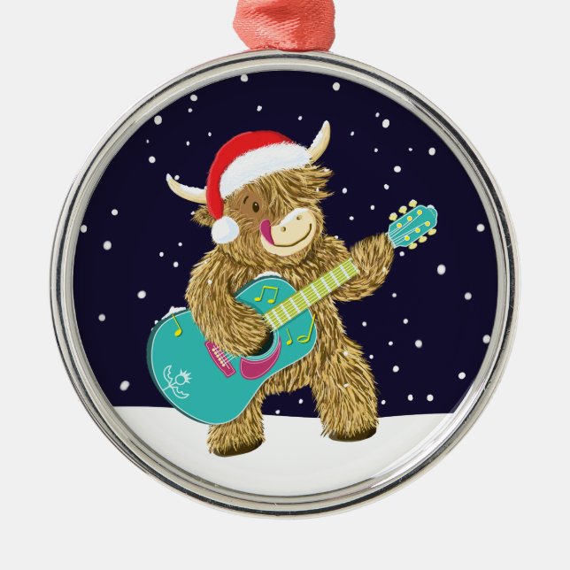 Scottish Highland Cows Plays A Christmas Guitar Metal Ornament (Front)