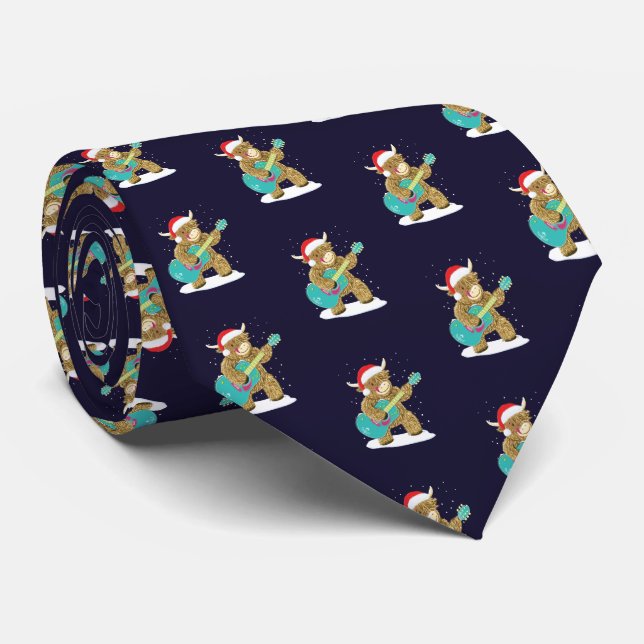 Scottish Highland Cows Plays A Christmas Guitar Neck Tie (Rolled)