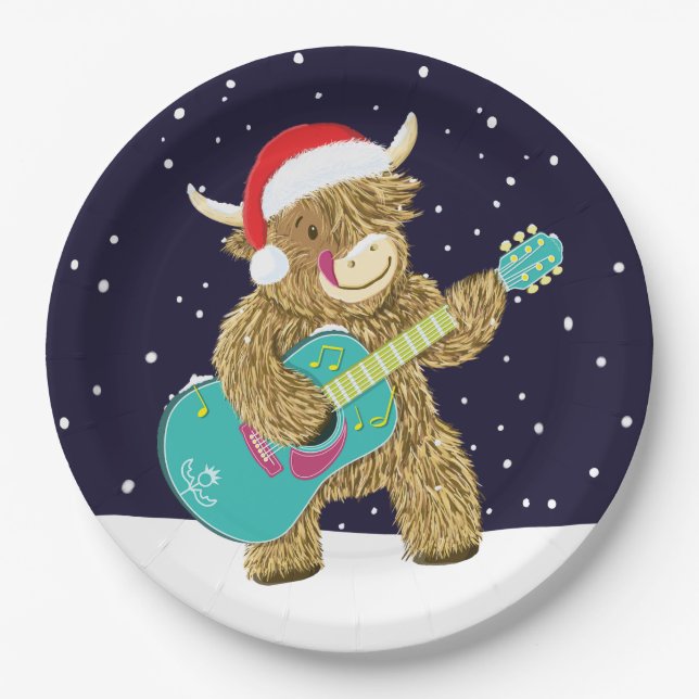 Scottish Highland Cows Plays A Christmas Guitar  Paper Plates (Front)