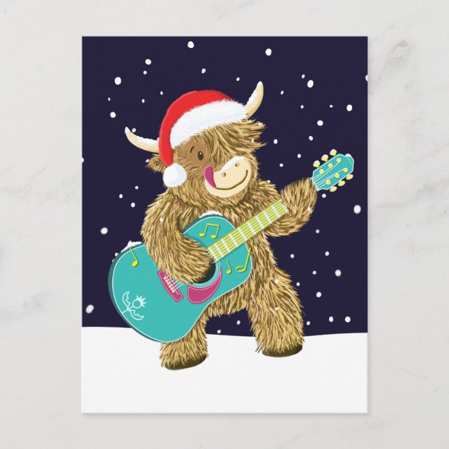 Scottish Highland Cows Plays A Christmas Guitar Postcard (Front)