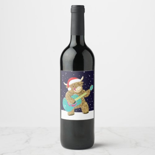 Scottish Highland Cows Plays A Christmas Guitar  Wine Label