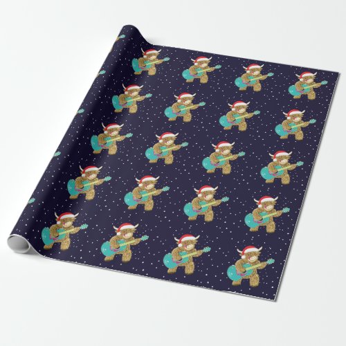 Scottish Highland Cows Plays A Christmas Guitar Wrapping Paper