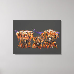 Scottish Highland Cows ' The Tangerines on Grey ' Canvas Print