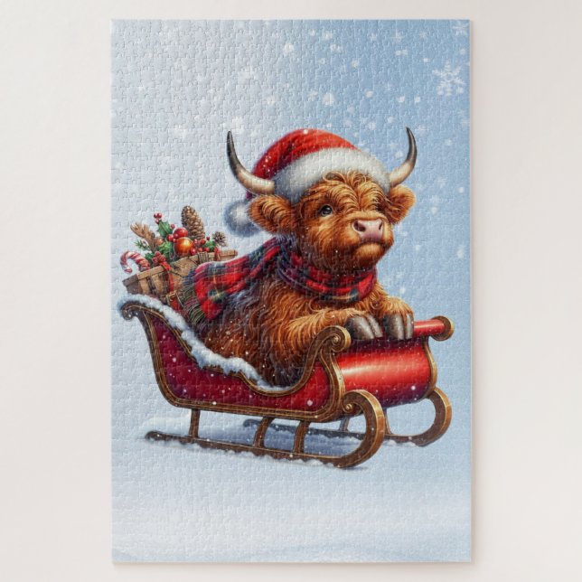 Scottish highland Santa cow in sled Jigsaw Puzzle (Vertical)