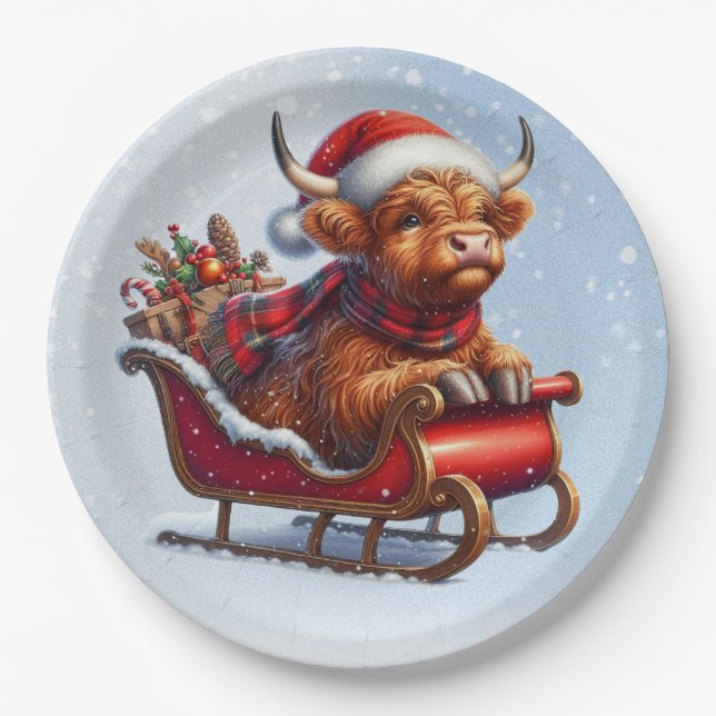 Scottish highland Santa cow in sled Paper Plates (Front)