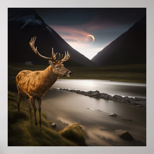 Scottish Highlands Stag Eclipsing Moon Poster