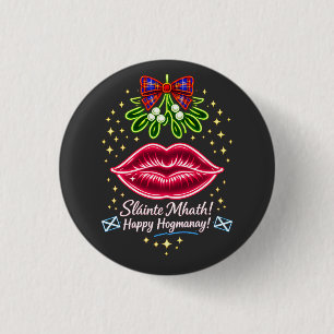 Scottish Hogmanay Mistletoe Neon Tartan Gift Button