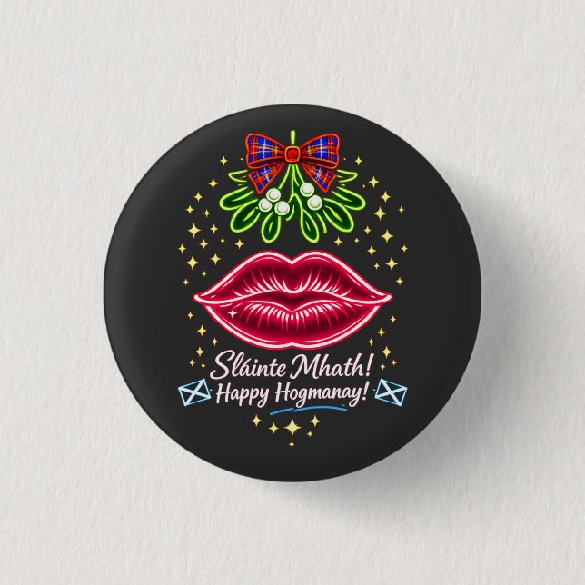 Scottish Hogmanay Mistletoe Neon Tartan Gift Button (Front)