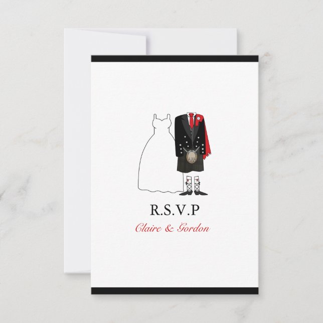 Scottish Kilt Bride & Groom Wedding RSVP - red Card (Front)