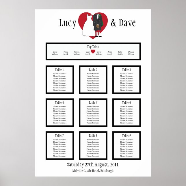 Scottish Kilt Wedding Table Seating Plan Poster (Front)