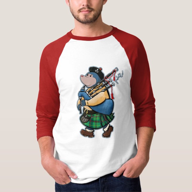 Scottish Mole Of Kintyre Marching With Bagpipes T-Shirt (Front)