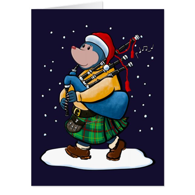 Scottish Mole Of Kintyre Plays Christmas Bagpipes Card (Front)
