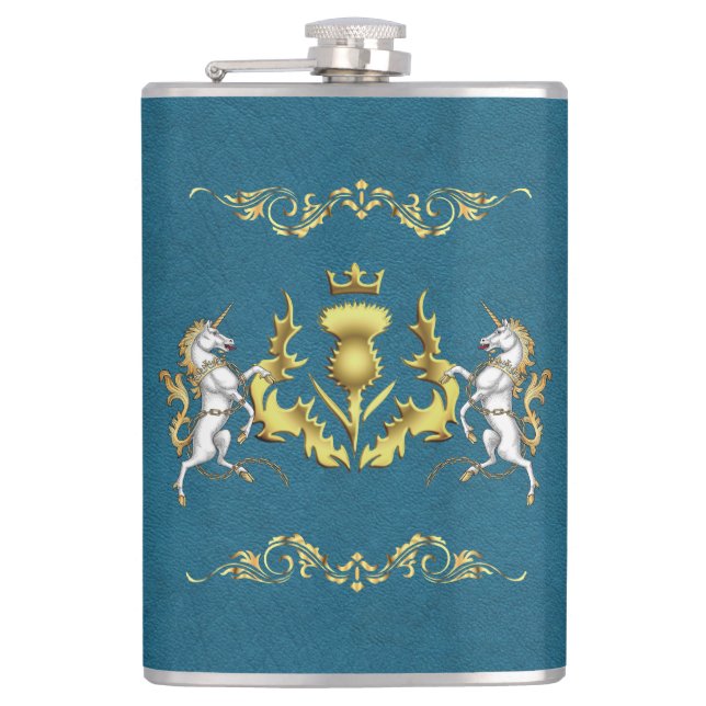 Scottish Personalized Gold Thistle Blue  Flask (Front)