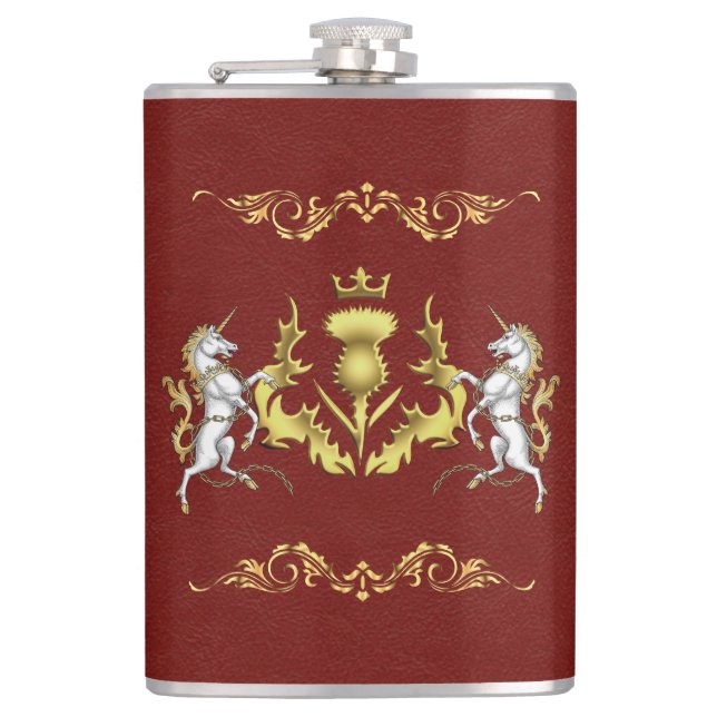 Scottish Personalized Gold Thistle Red Flask (Front)
