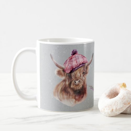 Scottish Pink Tartan Cap Highland Cow Personalized Coffee Mug