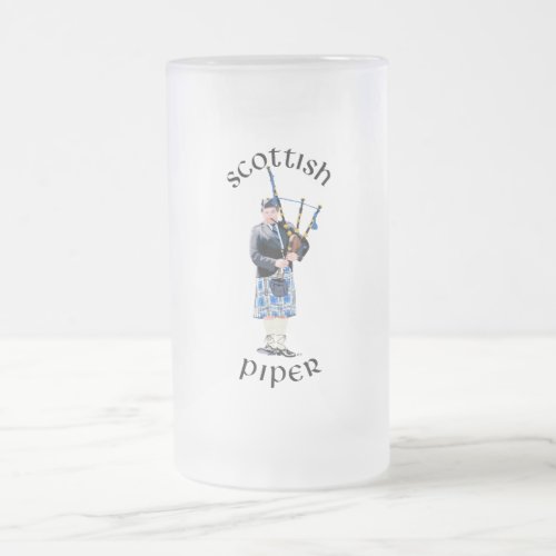 Scottish Piper _ Blue Frosted Glass Beer Mug