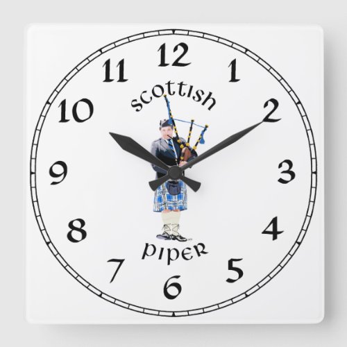 Scottish Piper _ Blue Plaid Square Wall Clock