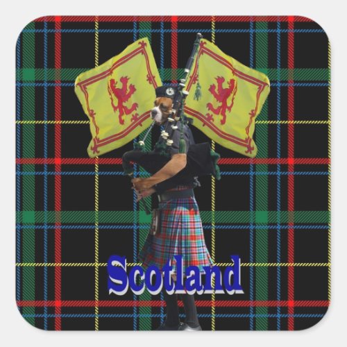 Scottish piper on tartan square sticker